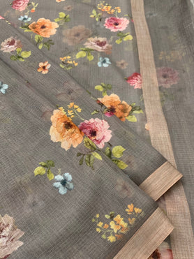 Cotton Kota Floral Print Saree Grey In Colour