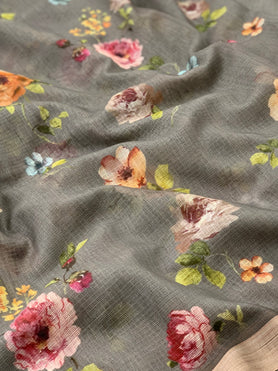 Cotton Kota Floral Print Saree Grey In Colour