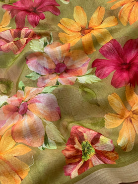 Cotton Kota Floral Print Saree Light-Mustard In Colour