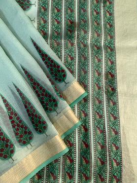 Organza Prints Saree Pastel-Green In Colour