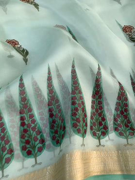 Organza Prints Saree Pastel-Green In Colour