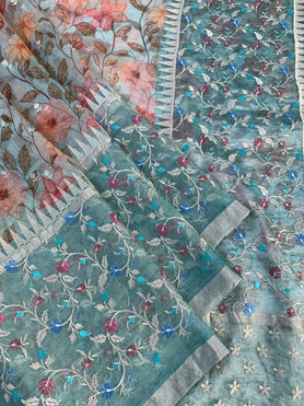 Organza Prints Saree Turquoise-Blue In Colour