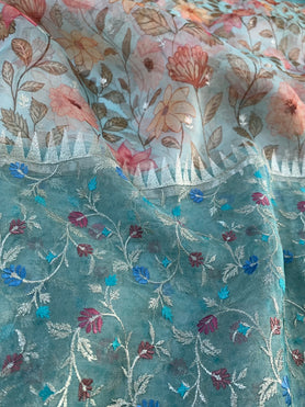 Organza Prints Saree Turquoise-Blue In Colour