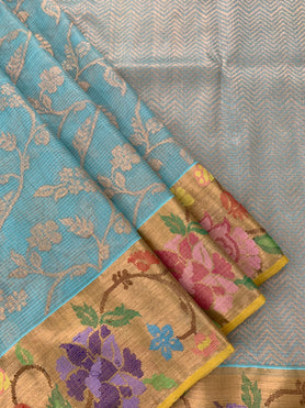 Zari Kota Saree Turquoise-Blue In Colour
