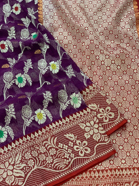 Zari Kota Saree Purple  In Colour