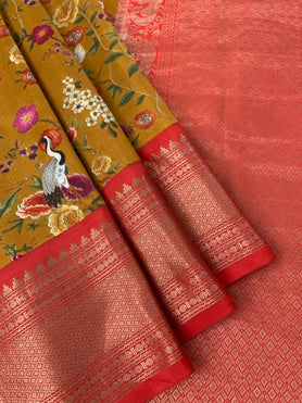Silk Prints Saree With Kanjeevaram Border Mustard In Colour