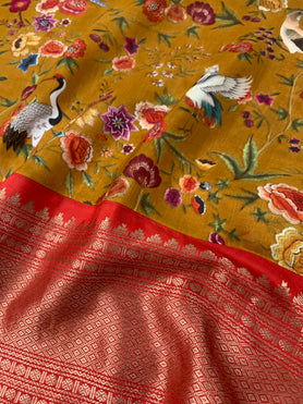 Silk Prints Saree With Kanjeevaram Border Mustard In Colour