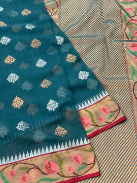 Zari Kota Saree Teal-Blue In Colour