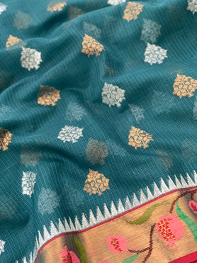 Zari Kota Saree Teal-Blue In Colour