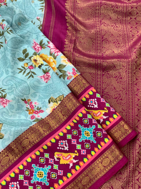 Kanjeevaram Print Saree Pastel-Blue In Colour