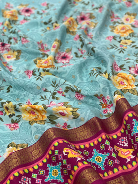 Kanjeevaram Print Saree Pastel-Blue In Colour