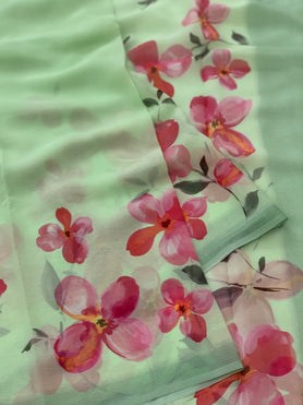 Chiffon Floral Print Saree Pista-Green In Colour