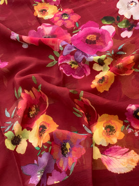 Chiffon Floral Print Saree Brick-Red In Colour