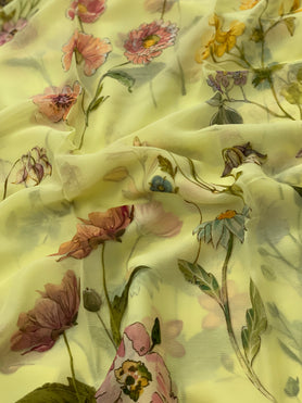 Chiffon Floral Print Saree Lemon-Yellow In Colour