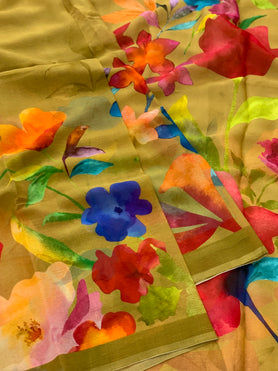 Chiffon Floral Print Saree Light-Mustard In Colour