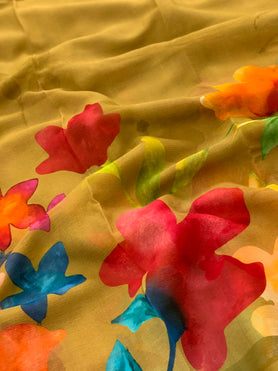 Chiffon Floral Print Saree Light-Mustard In Colour