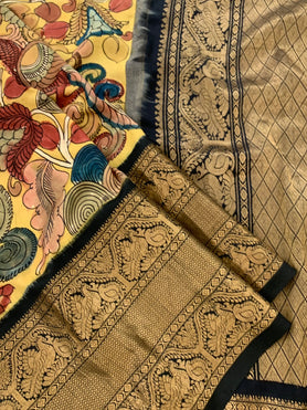 Kalamkari Kanjeevaram Saree Yellow In Colour
