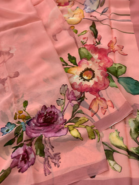 Georgette Floral Print Saree Peach In Colour