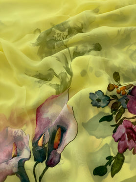 Georgette Floral Print Saree Lemon-Green In Colour