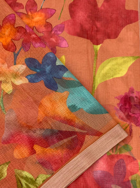 Cotton Kota Floral Print Saree Rust In Colour