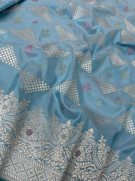 Banarasi Kadwa Weave Silk Saree Powder-Blue In Colour