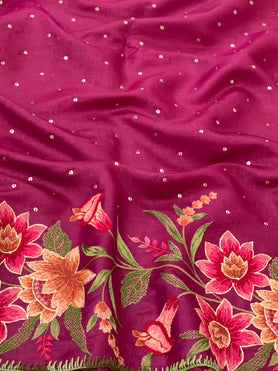 Tussore Embroidery Saree Dark-Pink In Colour
