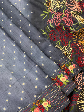 Tussore Embroidery Saree Grey In Colour