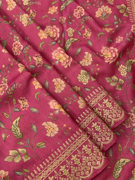 Tussore Embroidery Saree Pink In Colour