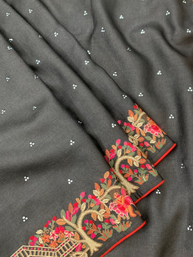 Tussore Embroidery Saree Black In Colour