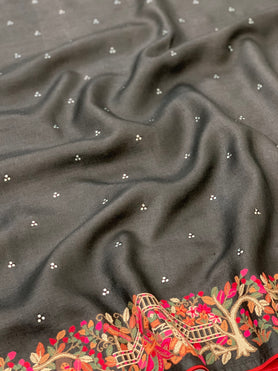 Tussore Embroidery Saree Black In Colour