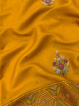 Tussore Embroidery Saree Mustard-Yellow In Colour