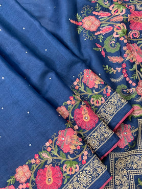 Tussore Embroidery Saree Blue In Colour