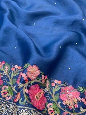 Tussore Embroidery Saree Blue In Colour