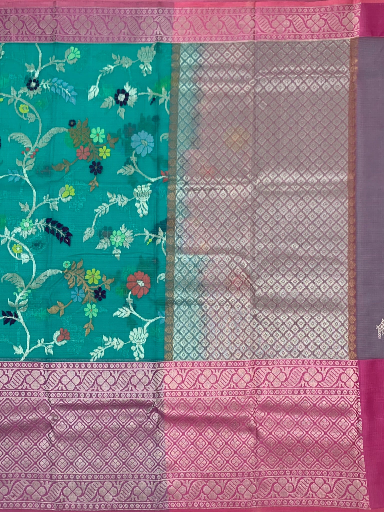 Zari Kota Saree Dark Mint-Blue In Colour