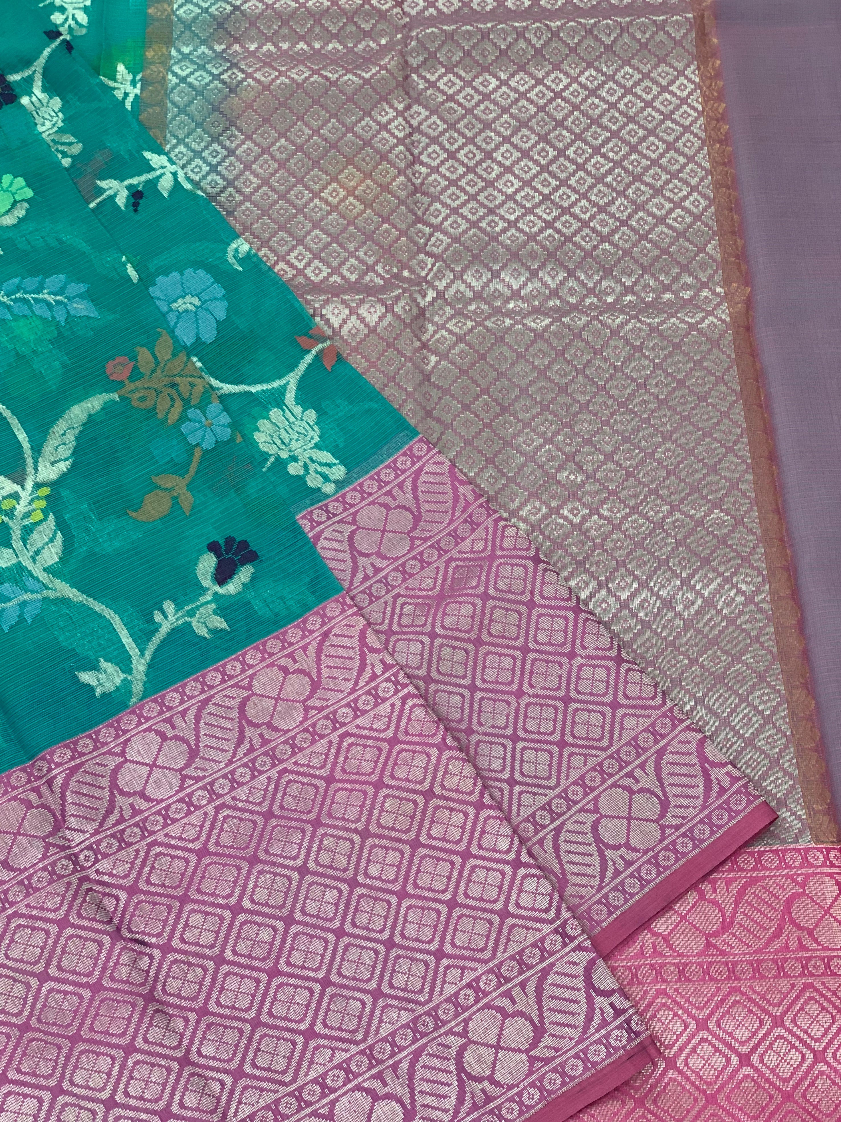 Zari Kota Saree Dark Mint-Blue In Colour