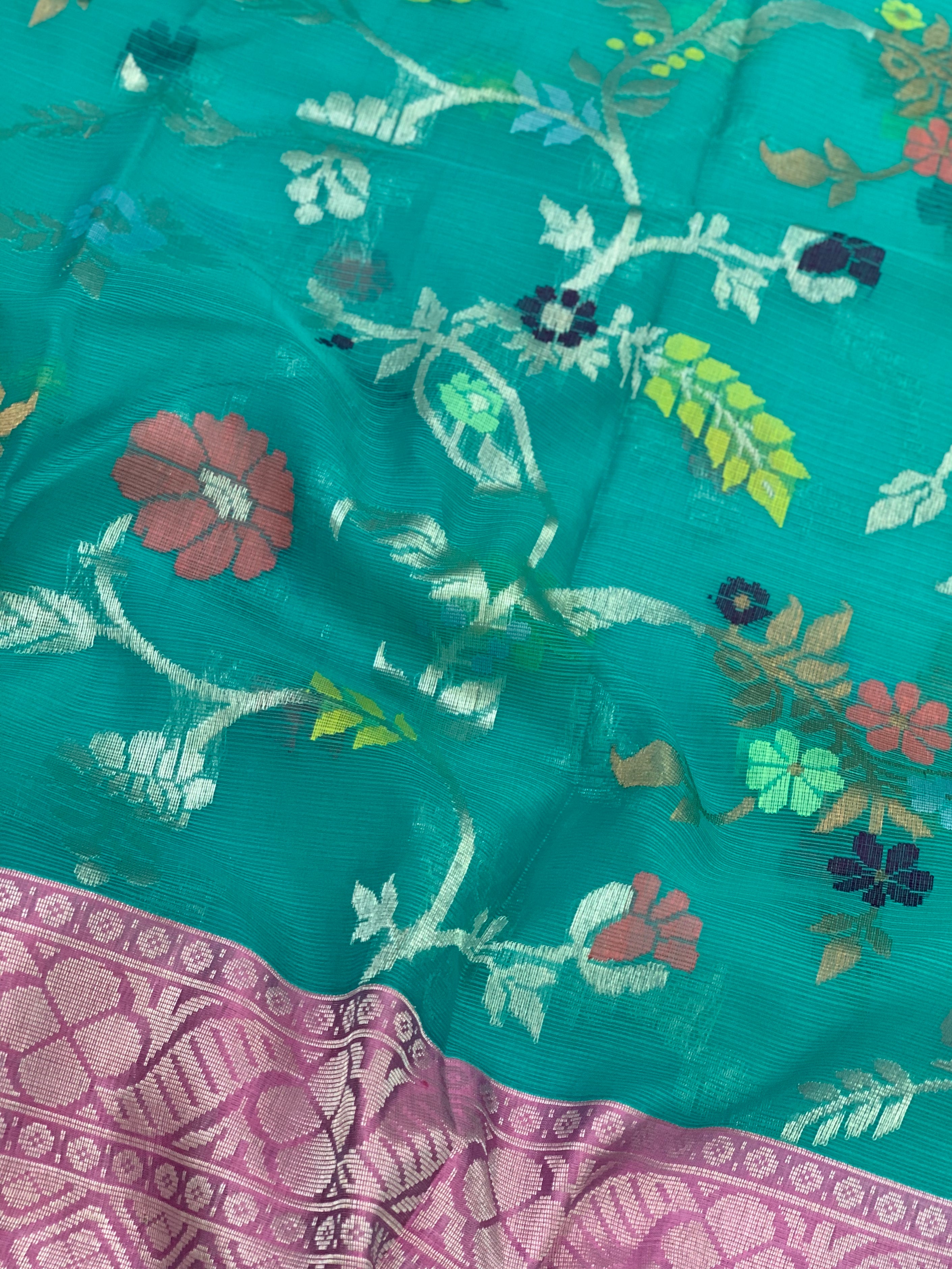 Zari Kota Saree Dark Mint-Blue In Colour