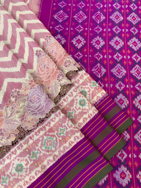 Ikat Floral Embroidery Saree Onion-Pink In Colour