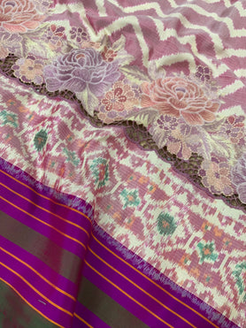 Ikat Floral Embroidery Saree Onion-Pink In Colour