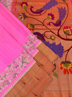 Paithani Floral Embroidery With Gold Zari Checks Silk Saree Pink In Colour