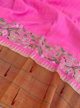 Paithani Floral Embroidery With Gold Zari Checks Silk Saree Pink In Colour