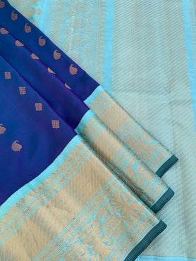 Gadwal Pattu Saree Peacock-Blue In Colour