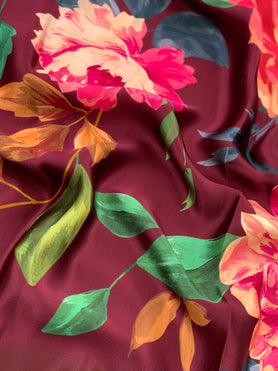 Satin Floral Print Saree Wine In Colour