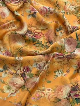 Satin Floral Print Mustard  In Colour