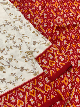 Ikat Floral Embroidery Saree White In Colour
