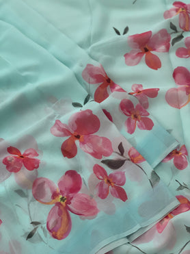 Chiffon Floral Print Saree Powder-Blue In Colour