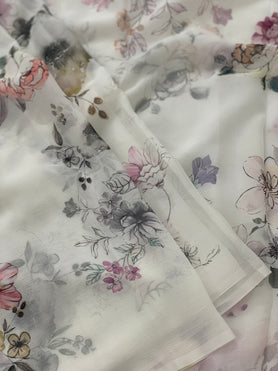Chiffon Floral Print Saree White In Colour