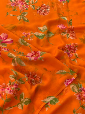 Chiffon Floral Print Saree Orange In Colour