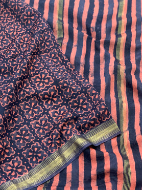 Cotton Prints Saree Dark-Blue In Colour