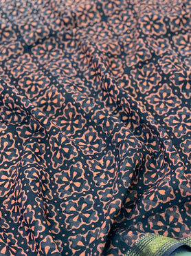 Cotton Prints Saree Dark-Blue In Colour