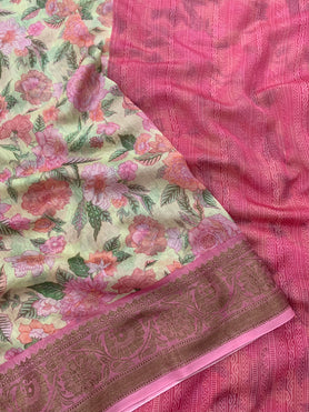 Cotton Prints Saree Light-Yellow In Colour
